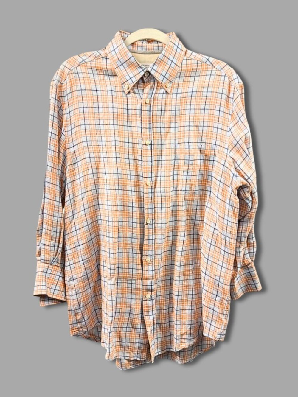 BRUNELLO CUCINELLI Orange Light Blue Linen Plaid Button Down Shirt
